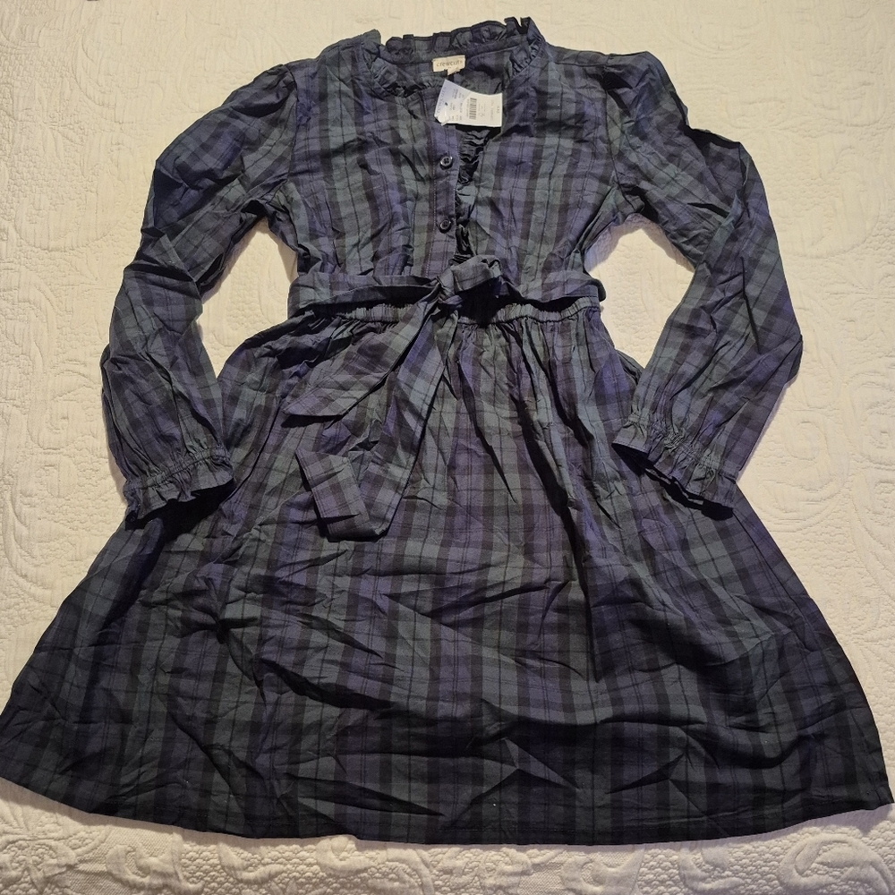 Crewcuts girls size 10 blue & green plaid long sleeve ruffled dress NEW